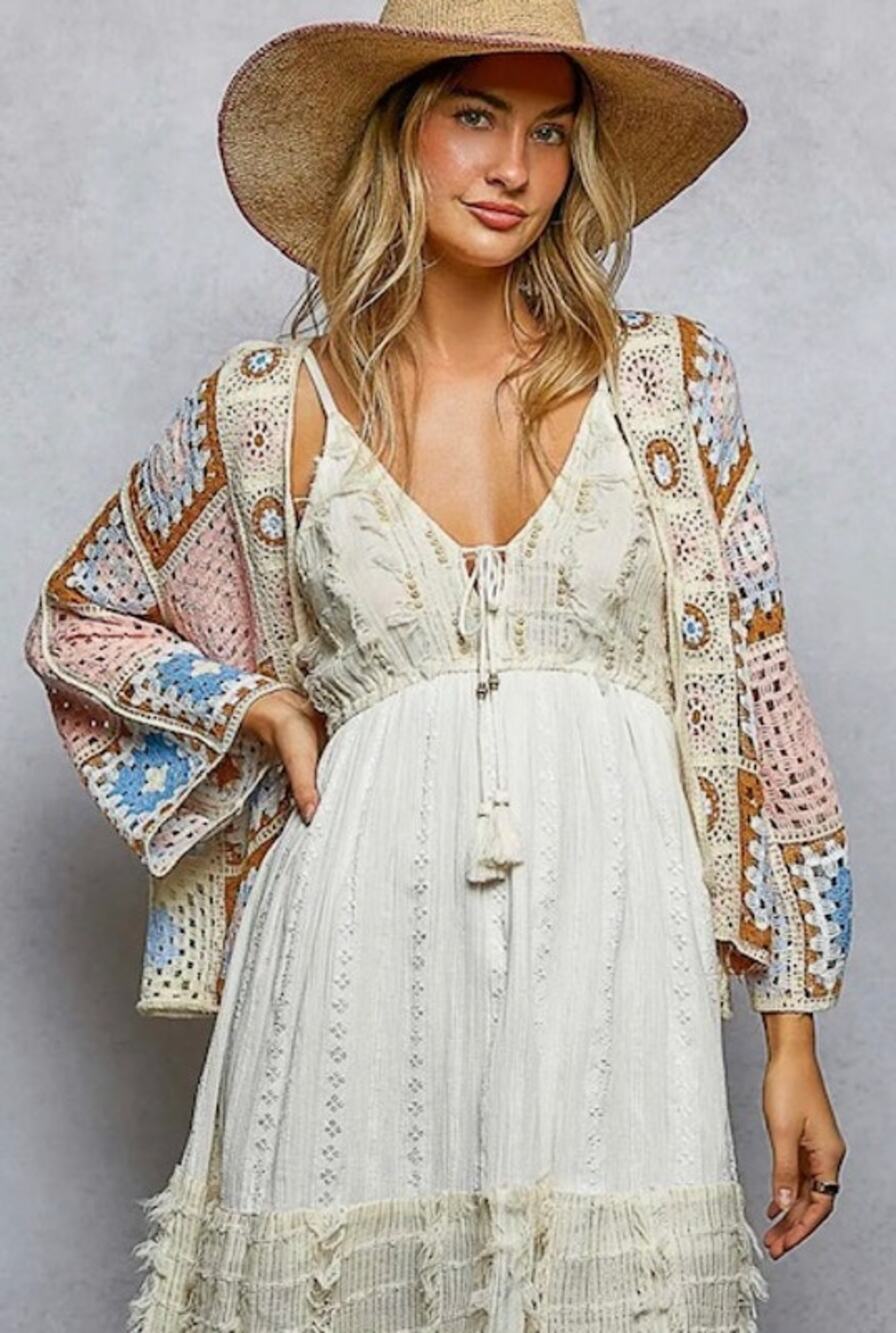 POL - Granny Square 3/4 Sleeve Crochet Cardigan Top - One Size